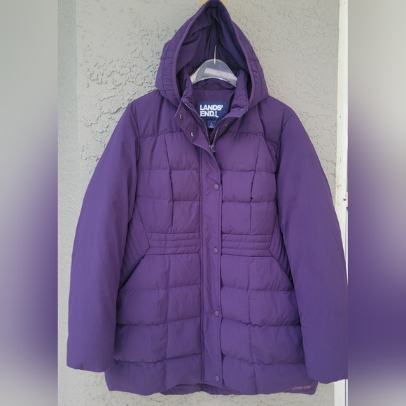 Lands’ End Women’s Hooded Quilted Down Coat Purple Eggplant Size L 14/16 - Picture 1 of 12